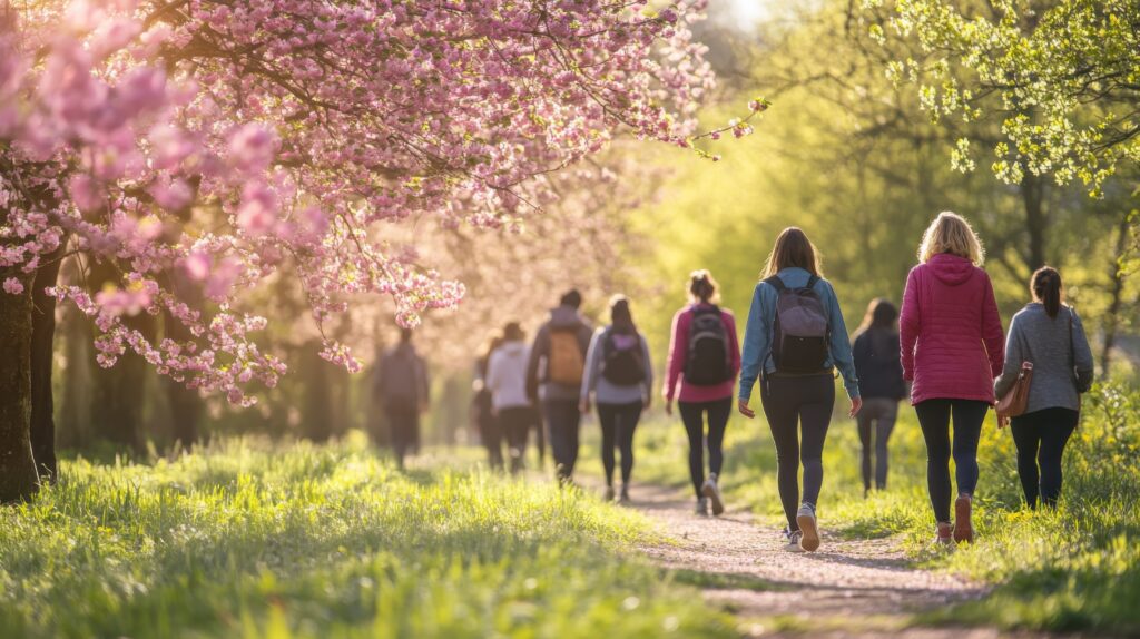 Symbolbild für das KT-BGM Veranstaltungsformat „Walk & Talk“: Personen im professionellen Austausch während einer Wanderung in der Natur zur Förderung der betrieblichen Gesundheit.