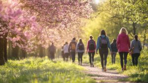 Symbolbild für das KT-BGM Veranstaltungsformat „Walk & Talk“: Personen im professionellen Austausch während einer Wanderung in der Natur zur Förderung der betrieblichen Gesundheit.